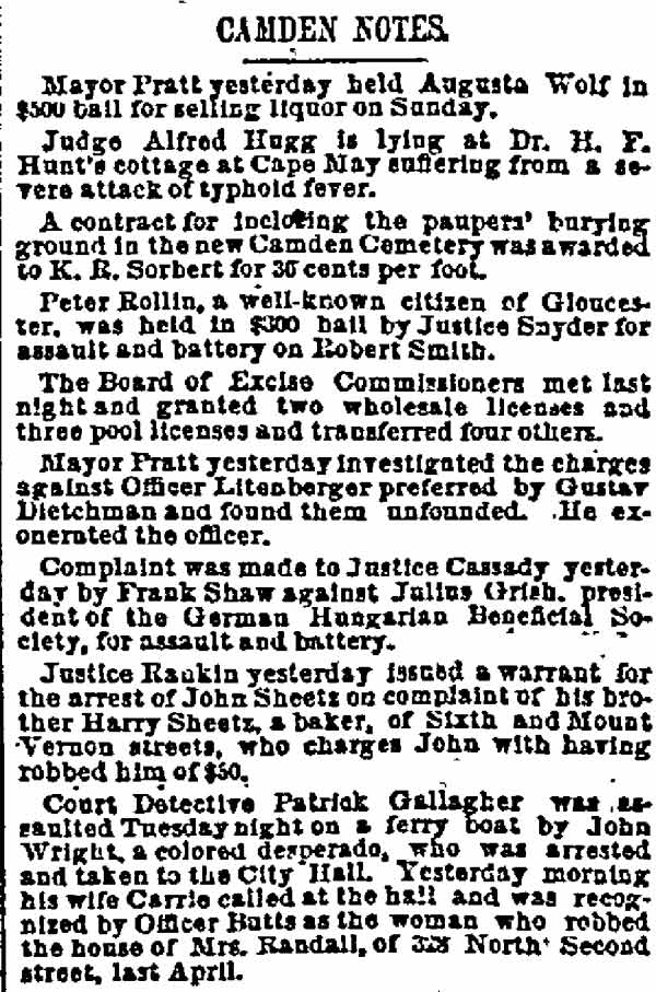Philadelphia Inquirer, August 22, 1889 — Camden Notes including Frank Shaw vs. Julius Gorish complaint