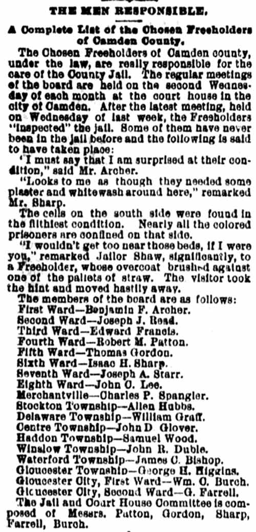 Philadelphia Inquirer, October 25, 1887 — Camden County Freeholders inspect jail
