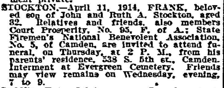 Philadelphia Inquirer, April 11, 1914, death notice for Frank Stockton
