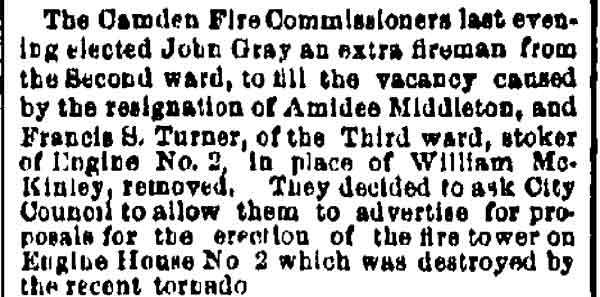 Philadelphia Inquirer, September 8, 1885 — Frank Turner, Amedee Middleton, John Gray, William McKinley, Engine Company 2