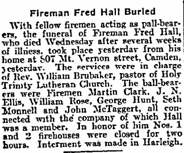 Philadelphia Inquirer, August 10, 1913, article mentioning Fred Hall