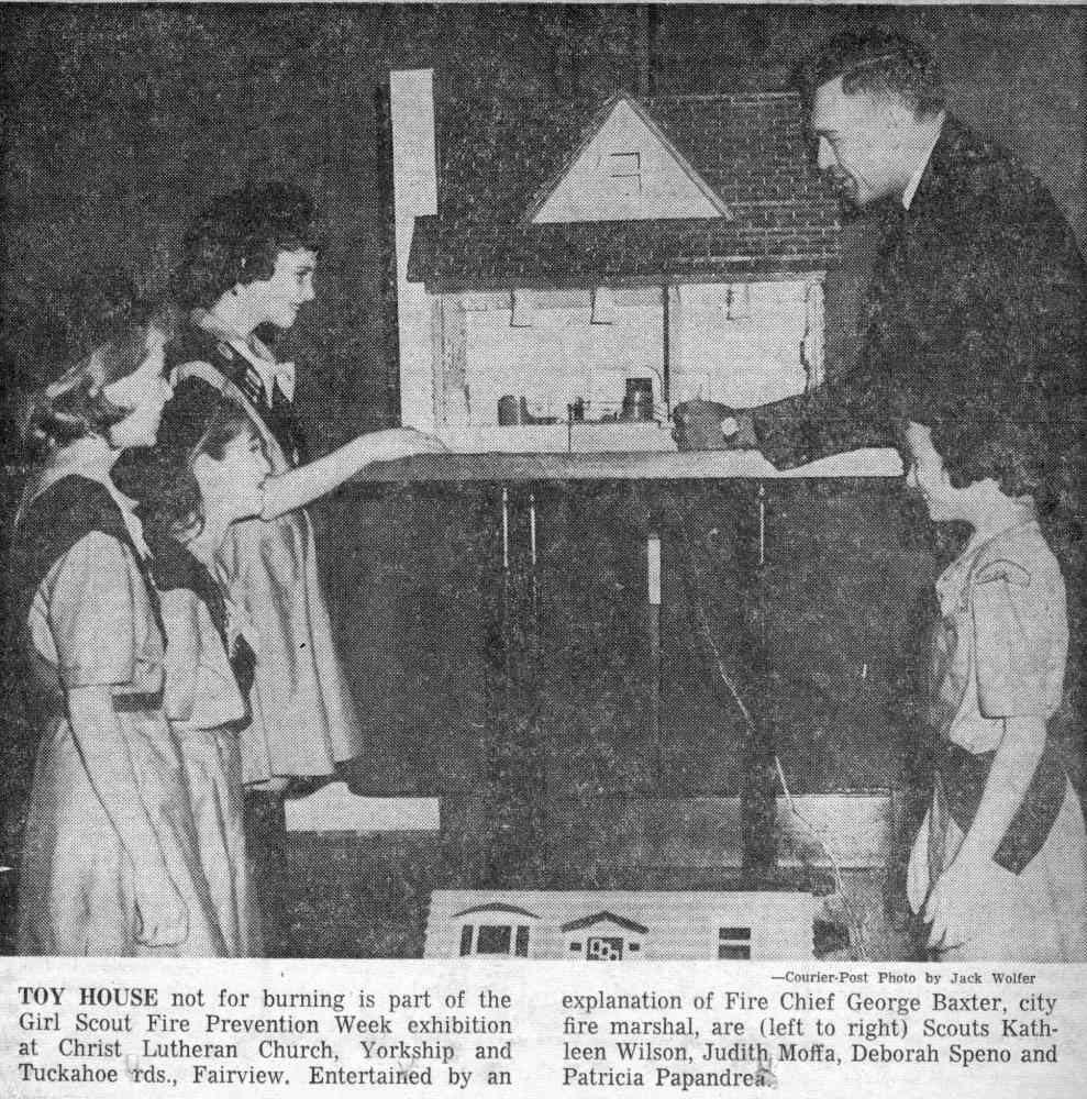 Toy House fire prevention exhibition at Christ Lutheran Church — Scouts Kathleen Wilson, Judith Moffa, Deborah Speno, Patricia Papandrea