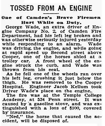 Philadelphia Inquirer, May 22, 1897 — Tossed From an Engine: George B. Wade, Jacob Kellum, Engine Company 2, Cooper Hospital, Penn Street