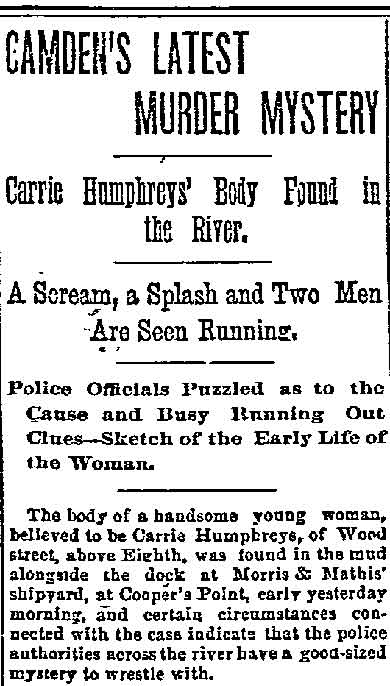 Philadelphia Inquirer, June 10, 1891 — Camden's Latest Murder Mystery, part 1
