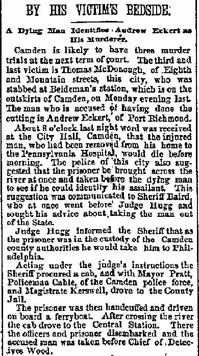 Philadelphia Inquirer, August 9, 1889 — By His Victim's Bedside, part 1