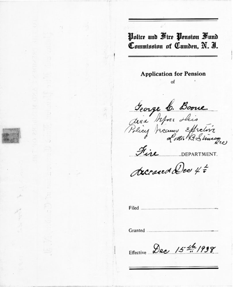 Police and Fire Pension Fund Commission of Camden — Application for Pension of George C. Boone, exterior cover