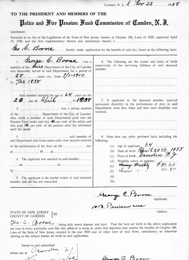 Police and Fire Pension Fund Commission of Camden — Application for Pension of George C. Boone, interior form