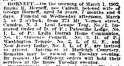 Emma R. Horneff obituary, Philadelphia Inquirer, March 4, 1902
