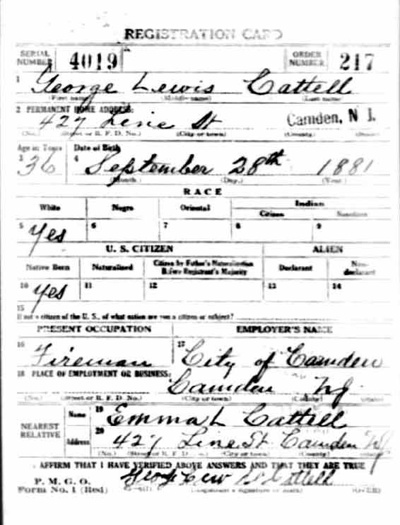 George L. Cattell World War I draft card, front