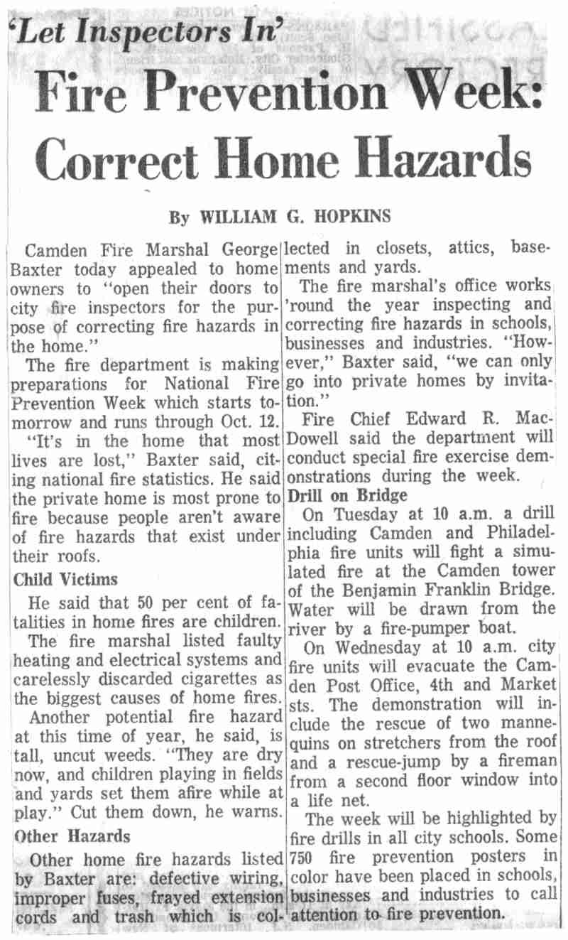 Camden Courier-Post October 4, 1963 — Fire Prevention Week: Correct Home Hazards