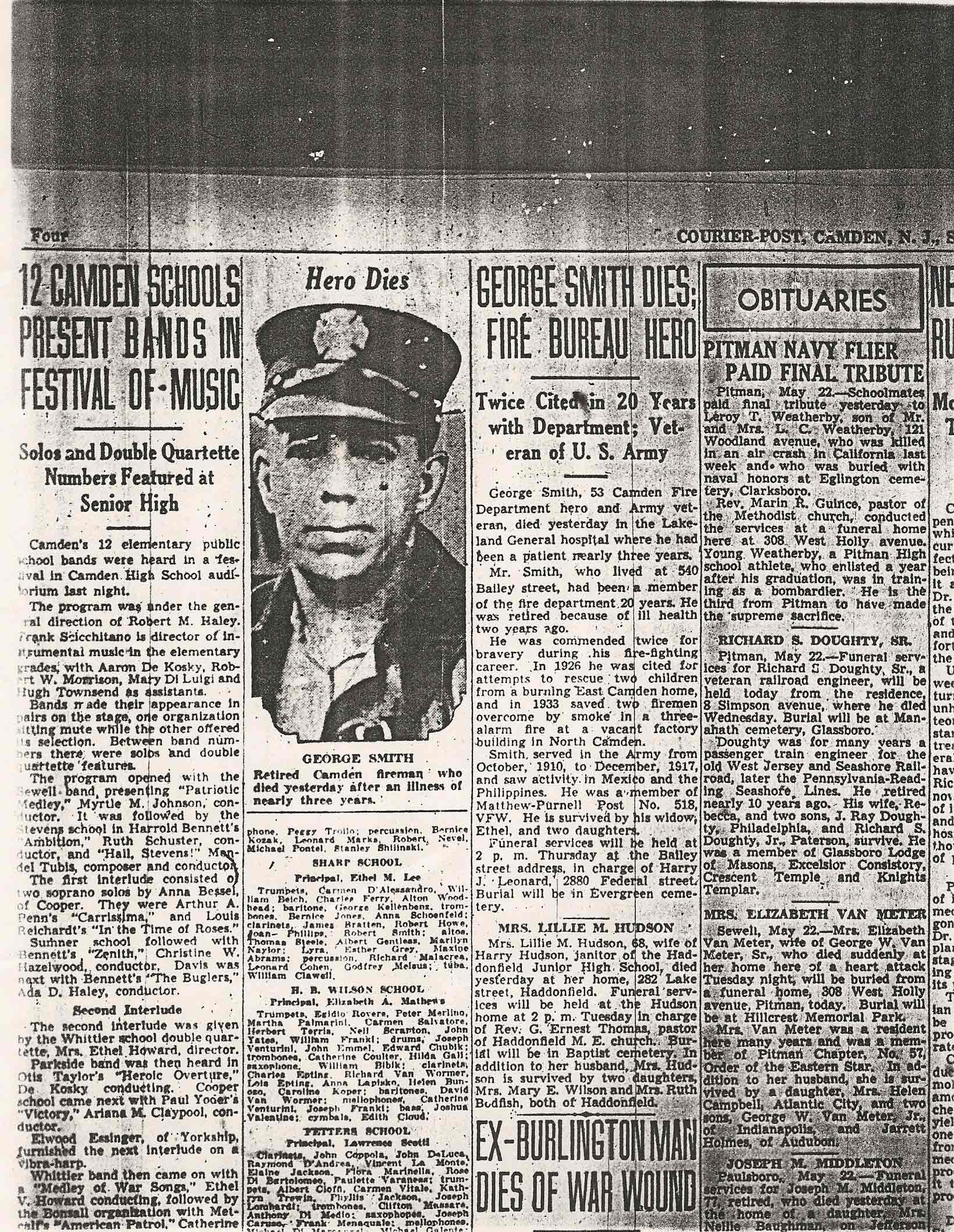 George Smith Dies; Fire Bureau Hero — Camden Courier-Post, May 22, 1943