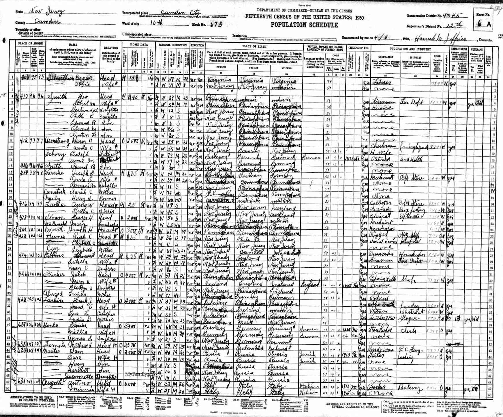 1930 Census sheet showing George Smith at 410 Vine Street, North Camden