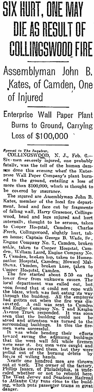 Six Hurt, One May Die as Result of Collingswood Fire — Philadelphia Inquirer, February 7, 1915