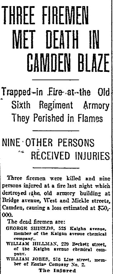 Philadelphia Inquirer, March 19, 1906 — Three Firemen Met Death in Camden Blaze
