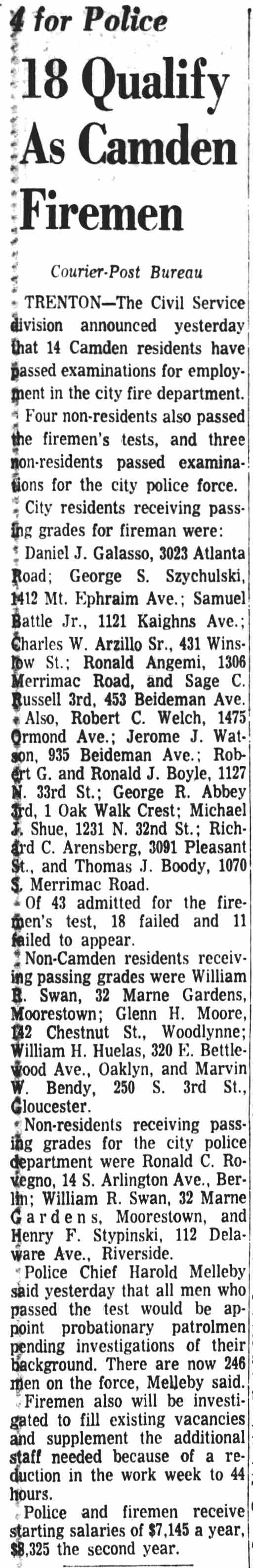Camden Courier-Post August 16, 1968 — 18 Qualify As Camden Firemen