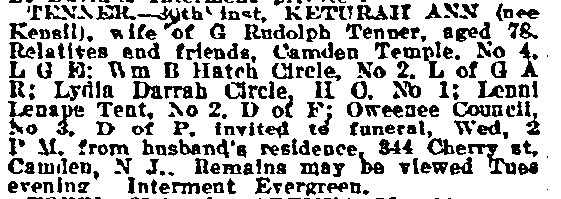 Philadelphia Inquirer November 1, 1912 - death notice for Keturah Ann Tenner