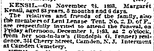 Philadelphia Inquirer November 30, 1893 - death notice for Margaret Kensil