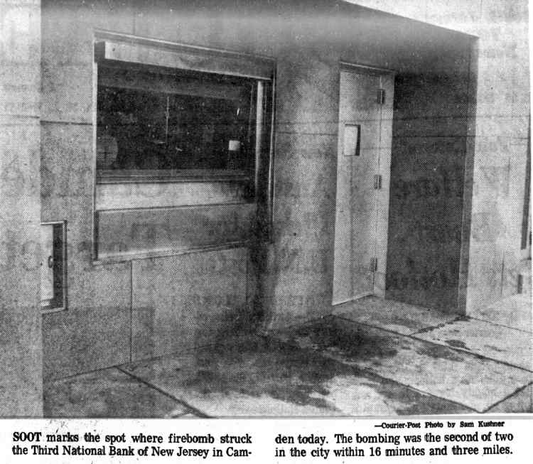 Soot marks the spot where firebomb struck the Third National Bank of New Jersey in Camden
