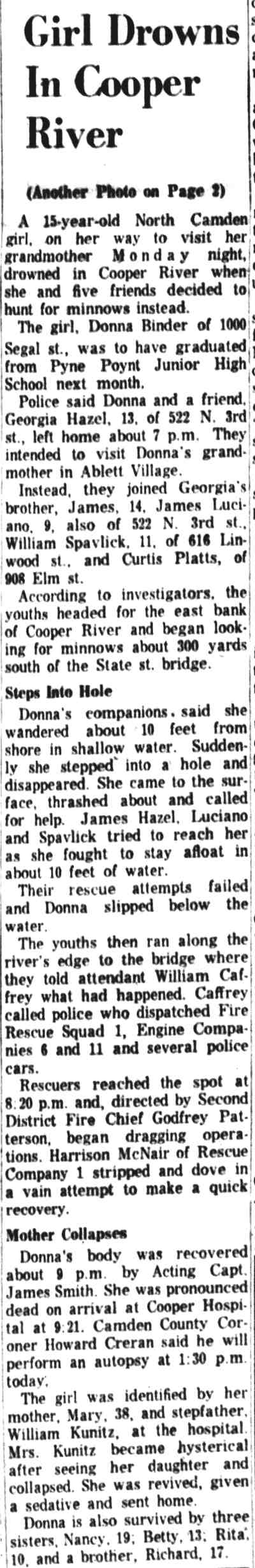 Girl Drowns In Cooper River article continuation, Camden Courier-Post May 22 1962