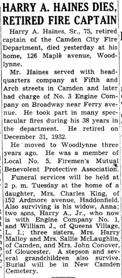 Camden Courier-Post, July 5, 1941 — Harry A. Haines Dies, Retired Fire Captain