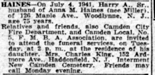 Camden Courier-Post, July 5, 1941 — Haines death notice