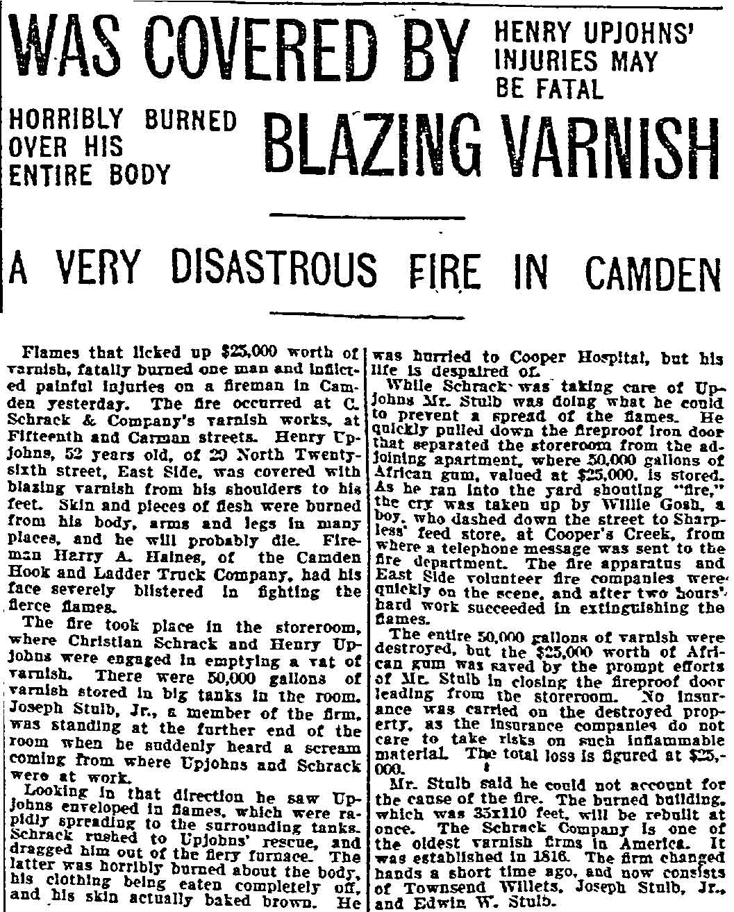 Philadelphia Inquirer, August 4, 1899 — Was Covered By Blazing Varnish