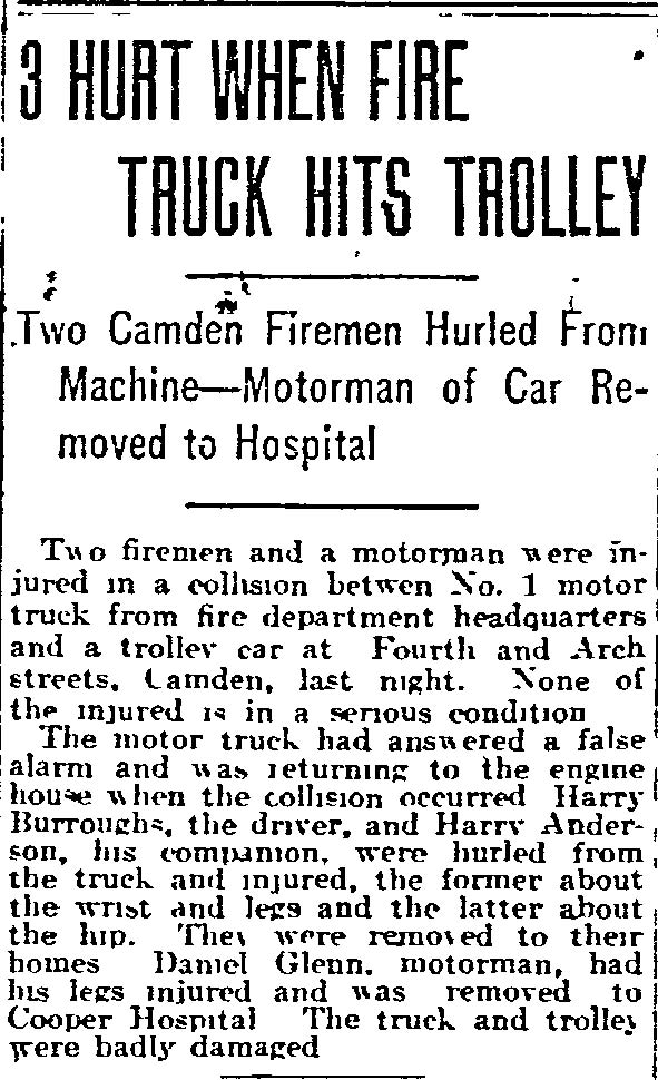 Philadelphia Inquirer, April 15, 1916 — 3 Hurt When Fire Truck Hits Trolley