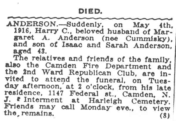 Camden Post-Telegram, May 6, 1916 — death notice for Harry C. Anderson
