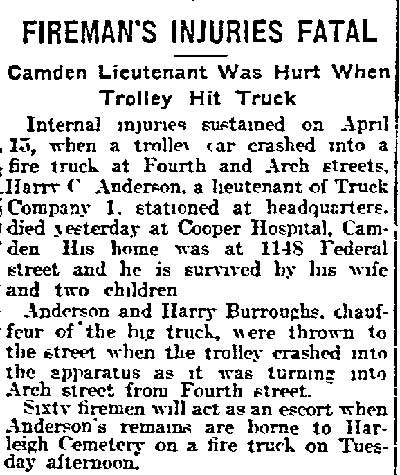 Philadelphia Inquirer, May 6, 1916 — Fireman's Injuries Fatal