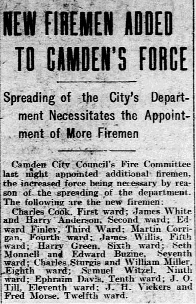 Philadelphia Inquirer, April 22, 1905 — new firemen added to Camden's force