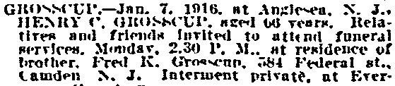 Philadelphia Inquirer death notice, January 9, 1916 — Henry C. Grosscup