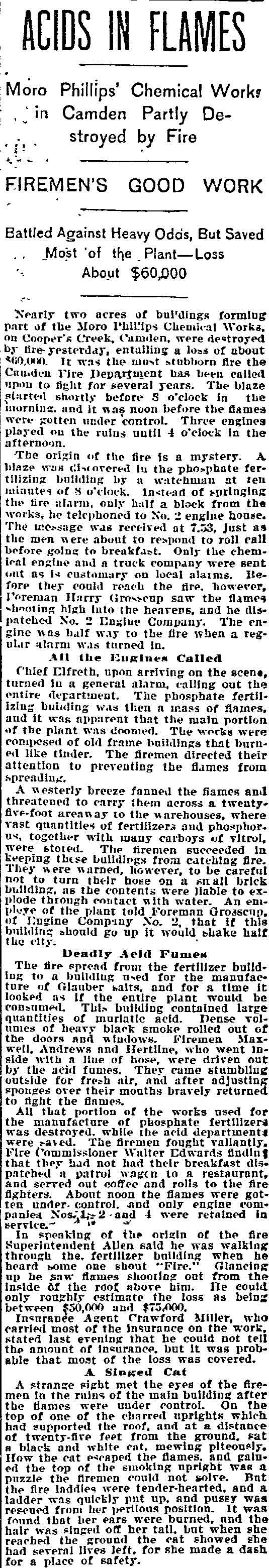 Philadelphia Inquirer, June 26, 1899 — Acids in Flames, Moro Phillips Chemical Works fire in Camden