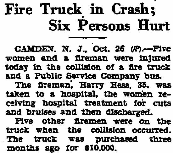 Trenton Evening Times, October 26, 1934 — Fire Truck in Crash; Six Persons Hurt