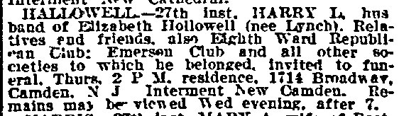 Death notice for Harry L. Hallowell Sr., Philadelphia Inquirer, July 29, 1913