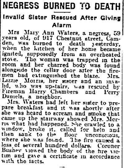 Negress Burned to Death, Inquirer March 7 1916