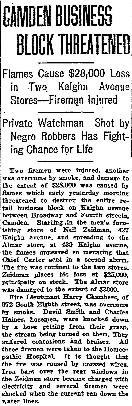 Camden Business Block Threatened, Inquirer November 21 1921
