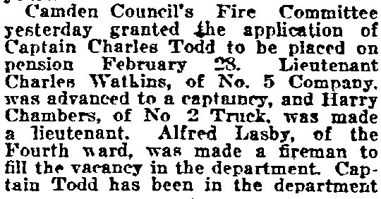 Philadelphia Inquirer, December 24, 1921 — Captain Todd placed on pension, promotions