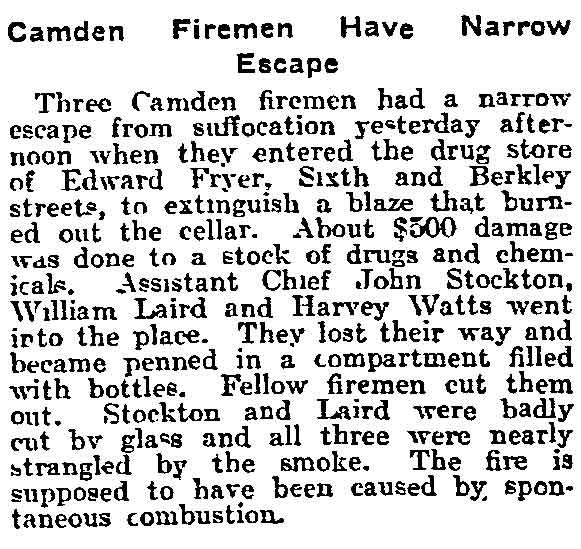 Philadelphia Inquirer, July 17, 1911 — Camden Firemen Have Narrow Escape