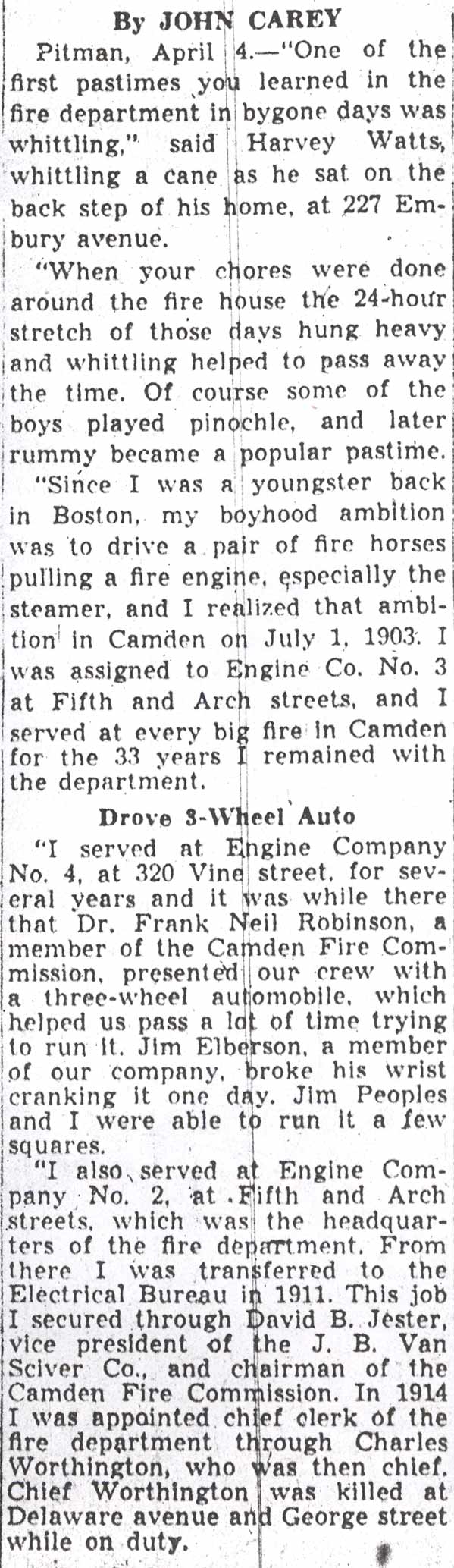 Camden Courier-Post, April 4, 1940 — Famous Blazes in Camden Recalled by Old Fire Fighter (part 1)