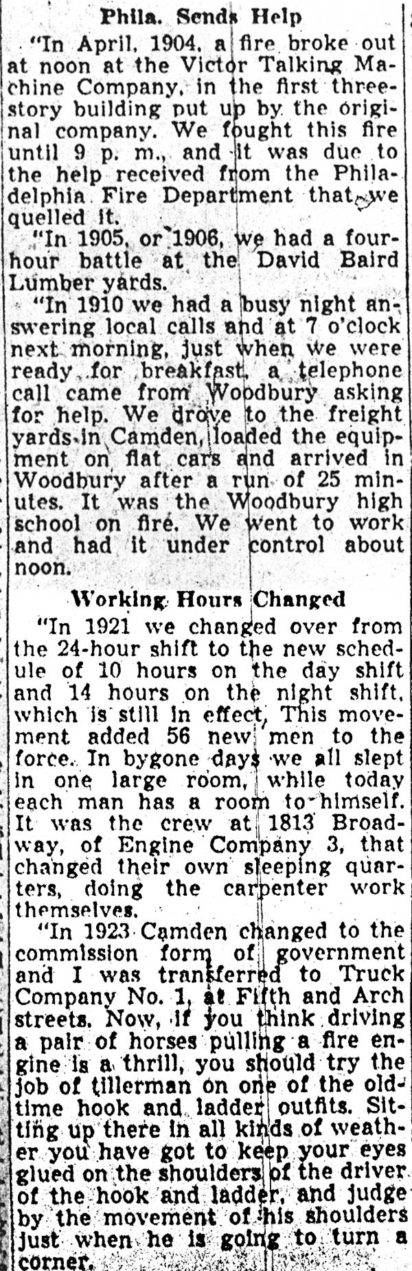 Camden Courier-Post, April 4, 1940 — Famous Blazes in Camden Recalled by Old Fire Fighter (part 2)