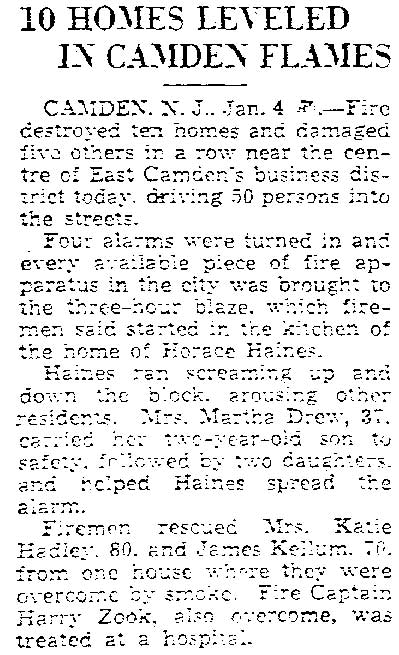 10 Homes Leveled in Camden Flames, Trenton Evening Times, January 5, 1936