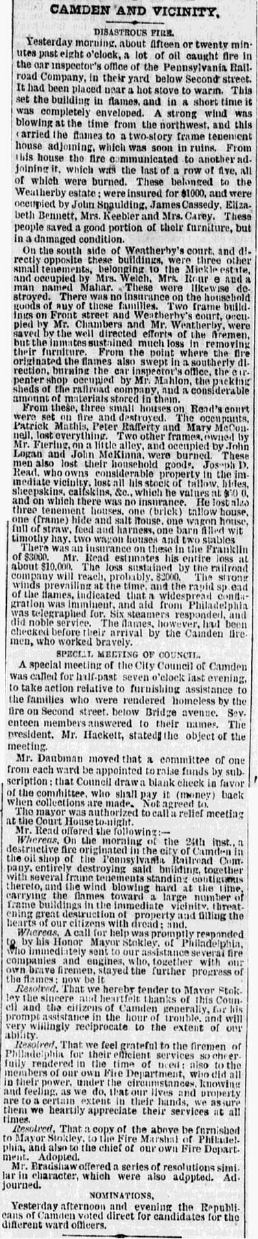 Philadelphia Inquirer February 25, 1873 — Camden and Vicinity — Disastrous Fire