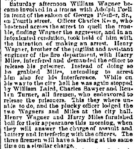 Philadelphia Inquirer, June 23, 1884 — firemen arrested for interfering with officer