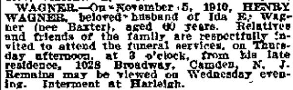 Death notice for Henry Wagner — Philadelphia Inquirer, November 9, 1910