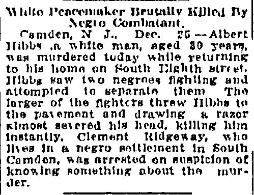 Charlotte Observer December 25, 1910 — White Peacemaker Brutally Killed By Negro Combatant
