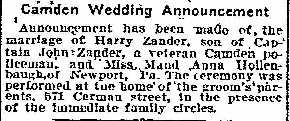 Philadelphia Inquirer, March 13, 1910, Camden wedding announcement for Harry Zander and Miss Maud Anna Hollenbaugh