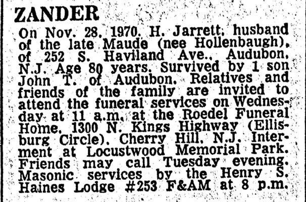 Camden Courier-Post obituary for H. Jarrett Zander, November 30, 1970