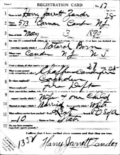 World War I Draft Registration Card for Harry Jarrett Zander, front side