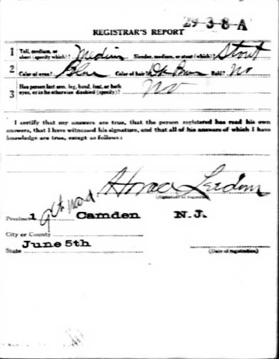 World War I Draft Registration Card for Harry Jarrett Zander, Registrar's Report