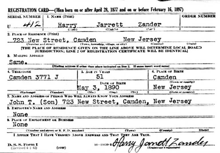 World War II Draft Registration Card for Harry Jarrett Zander, 1942